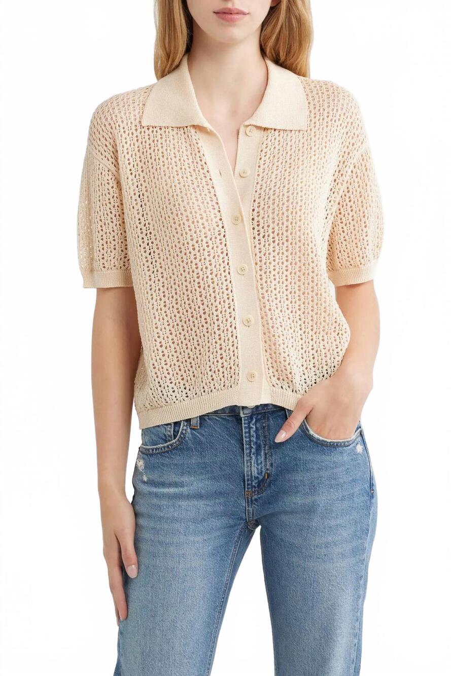 NEW THE GREAT. open stitch short sleeve cotton sweater in natural